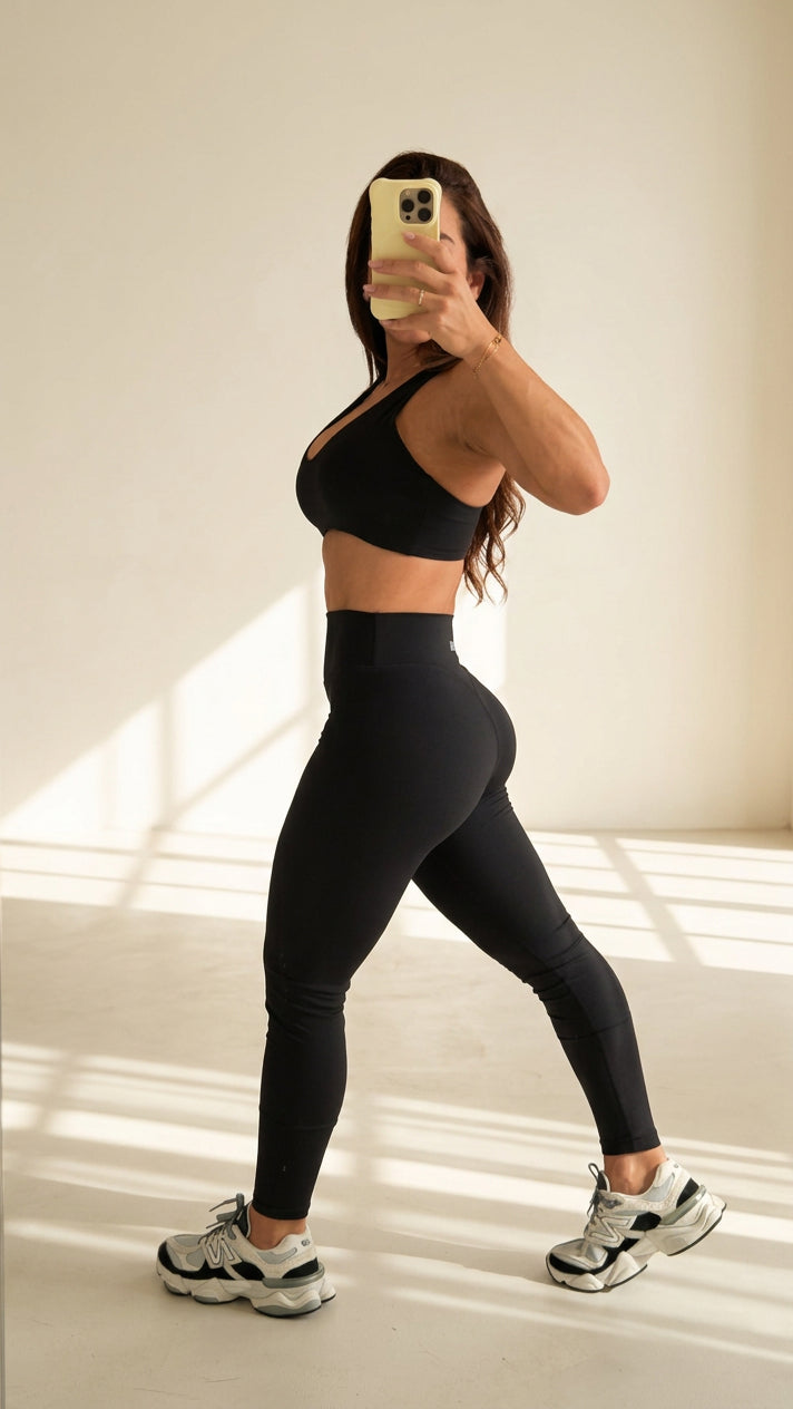 Leggings Pure Bliss color Black, vista lateral con scrunch en el glúteo